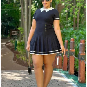 Collared Contrasting Pleated Knitted Mini Dress.