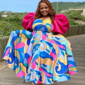 Multi-color Puffy Shoulders Midi Dress.