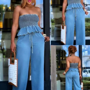 Denim Tube Tops Wide Leg Strapless Pant Sets.