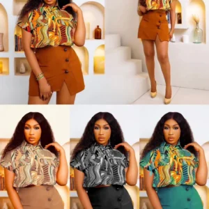 Printed Short Sleeve Shirt and Bodycon Mini Skirts Set.