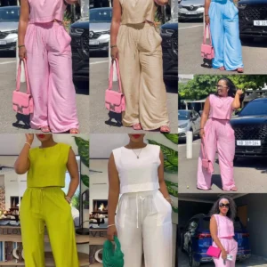Short Sleeve Crop Tops Wide Leg High Waist Long Pants Outfit Set.