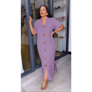 Short Sleeve V-neck Side Slit Maxi Shirt Dress